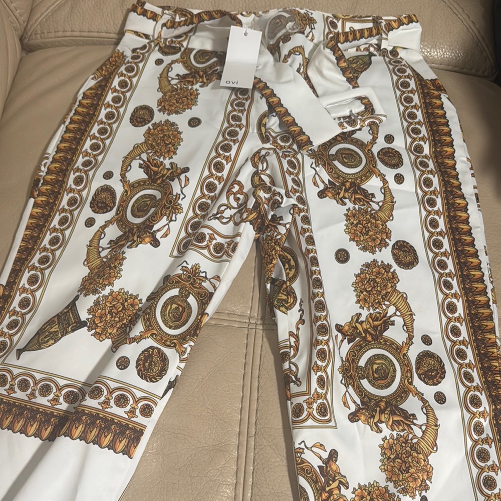 LOV White and Gold Patterned Pants